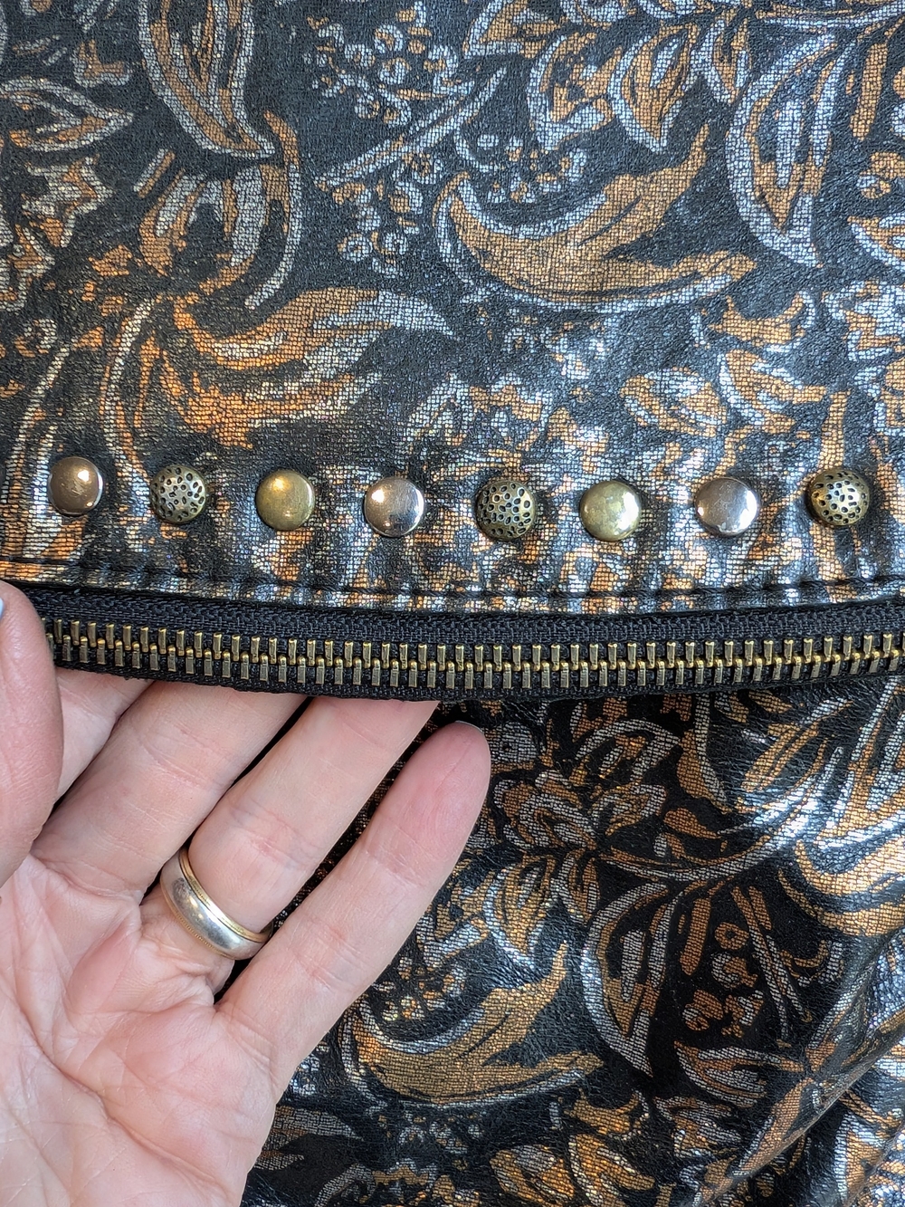 Patricia Nash Black and Bronze Floral Convertible Leather Backpack - Picture 3 of 7
